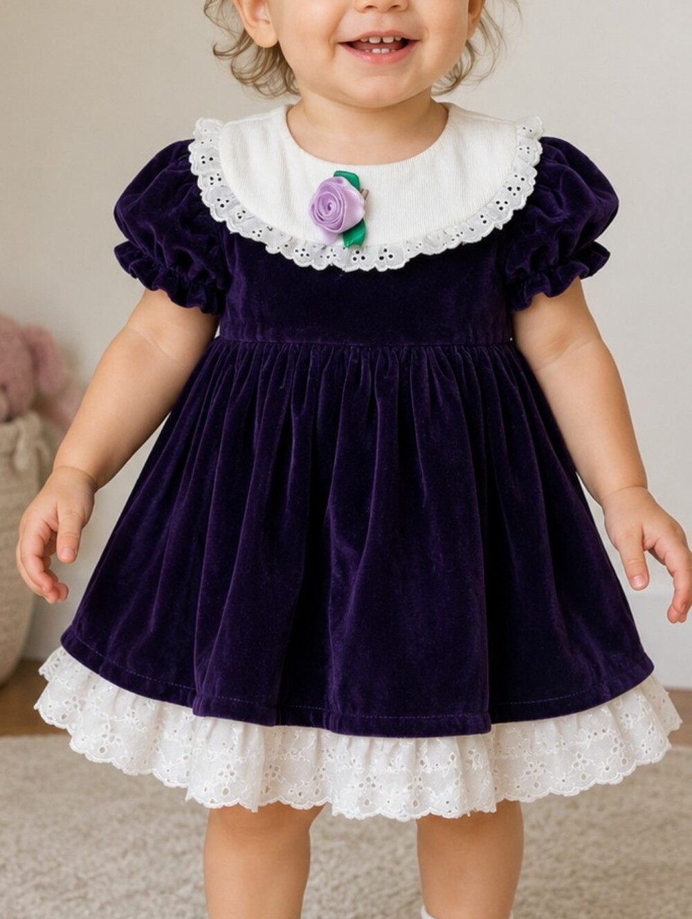 Vintage 80s 90s Claire Bell Purple Velvet Baby Dress 18M Made in Canada